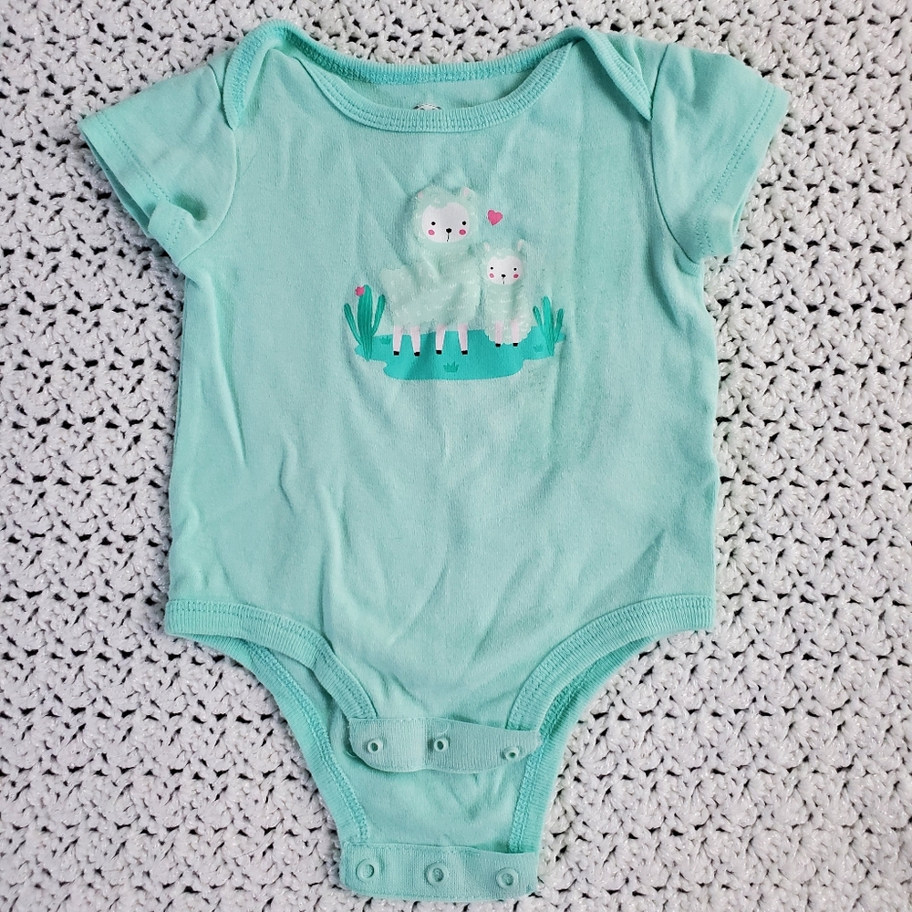 Rococo Short Sleeve Bodysuit, Teal Llama, 9 months